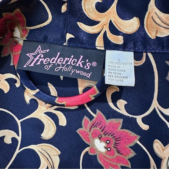 Vintage Fredericks of Hollywood Navy Blue Gold red Floral Satin short Robe Sz L - Picture 6 of 8